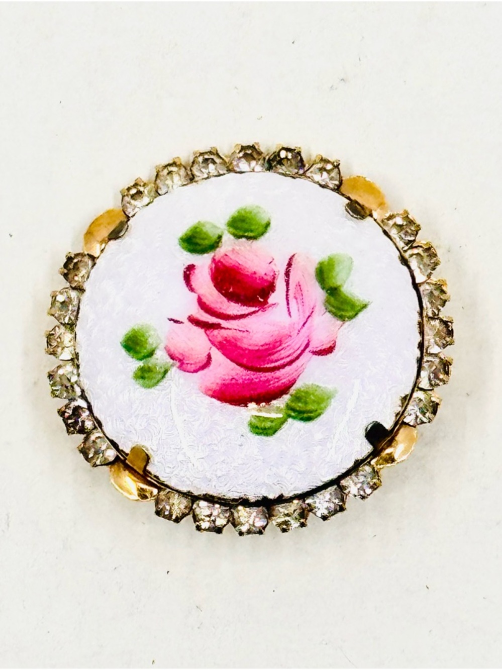 Vintage Gold Tone Hand-Painted Pink Rose Porcelain Brooch W/Clear Crystal Halo